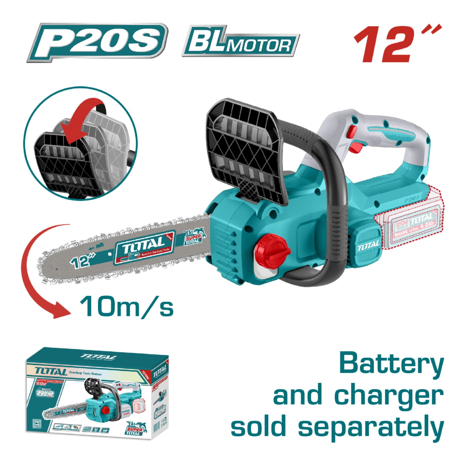 Motosierra 12" 20V Motor sin escobillas Veloc cadena 10/ms Auto-Lubricación. Batería y cargador por separado.
