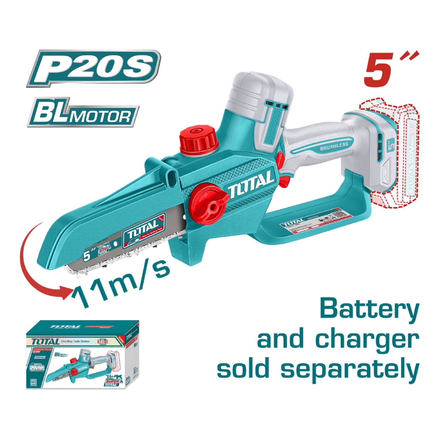 Sierra Podadora Inalámbrica 20V 5" Velocidad de cadena 11m/s. No incluye Batería ni Cargador. Motosierra mini