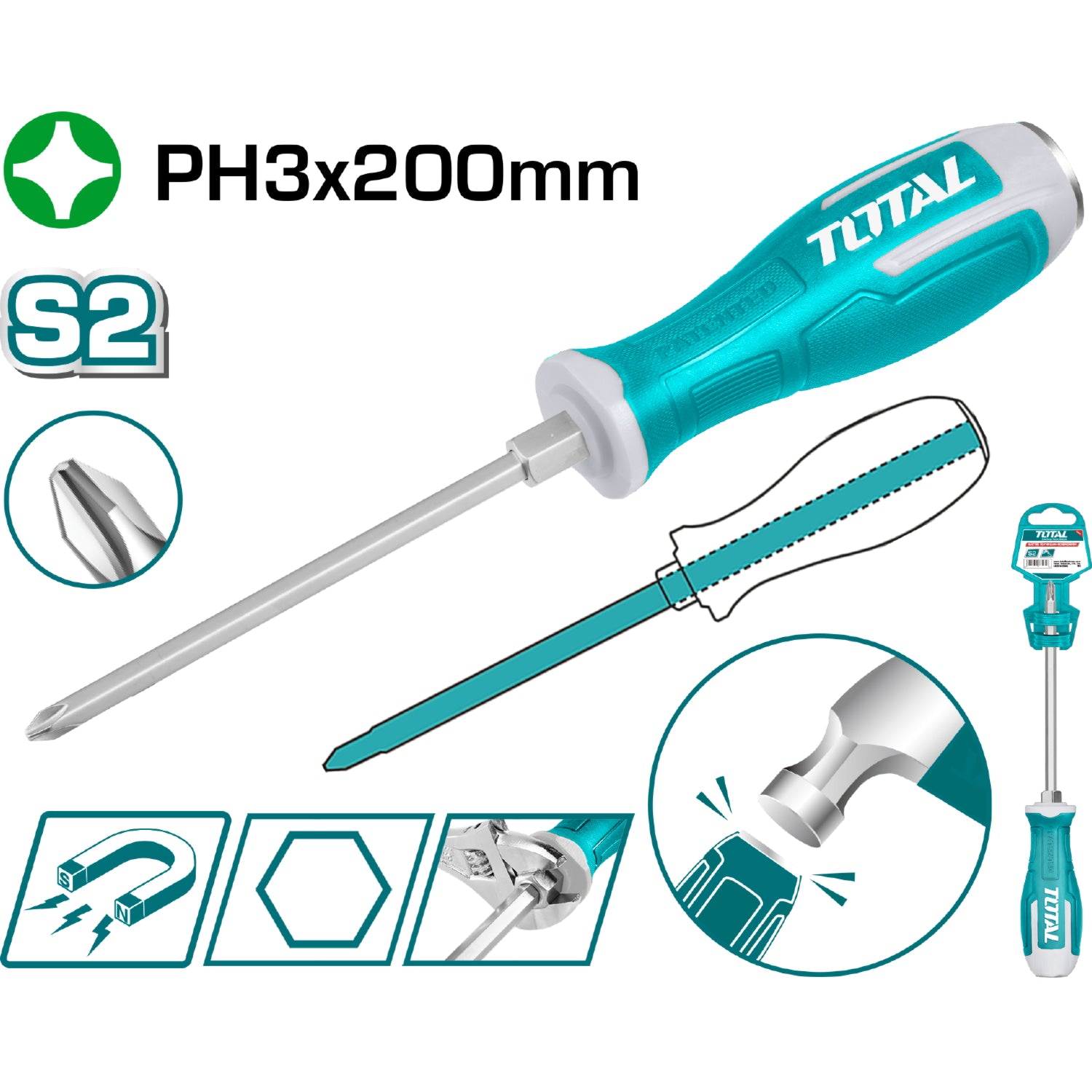 Destornillador Pasante Phillips 3x200mm Material de la hoja: S2 Tipo de punta: Phillips. Magnético.
