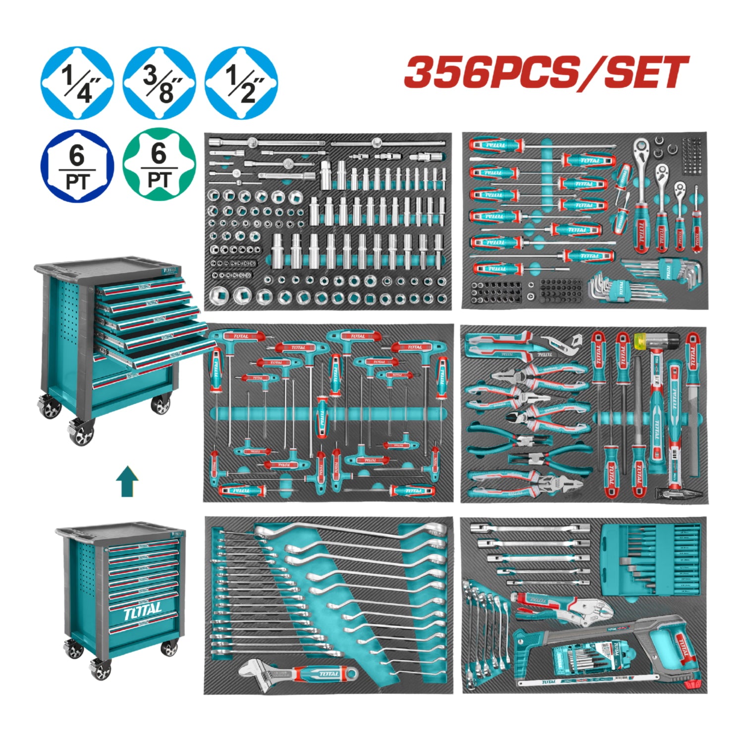 Herramientas variadas Gabinete 7 niveles y una base. Incluye 356 piezas. Juego kit