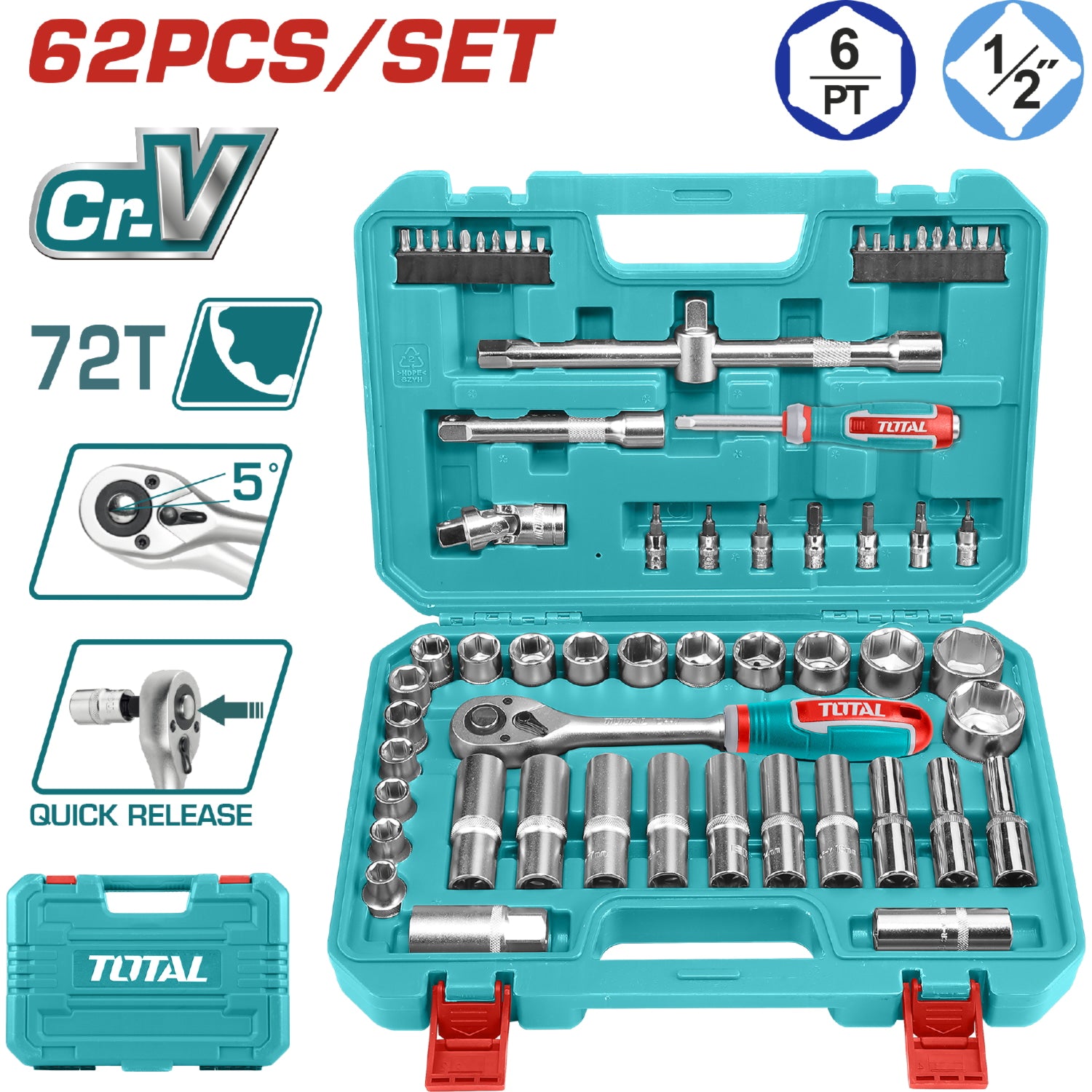 Dados Socket Ratchet Mango Kit 1/2" Cr-V 45T. Set 60 piezas variadas.