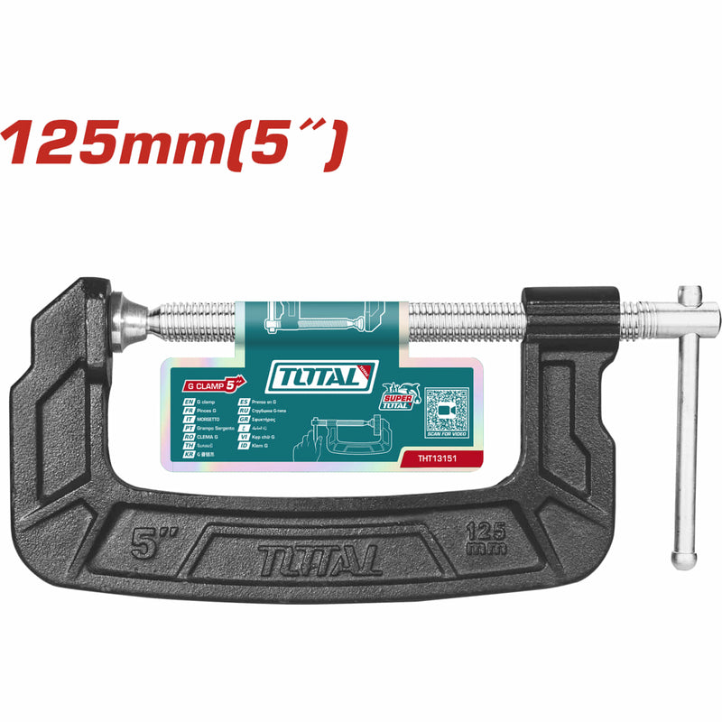 Abrazadera G de 5" (125mm) Rosca en forma de T. Cuerpo de hierro fundido.