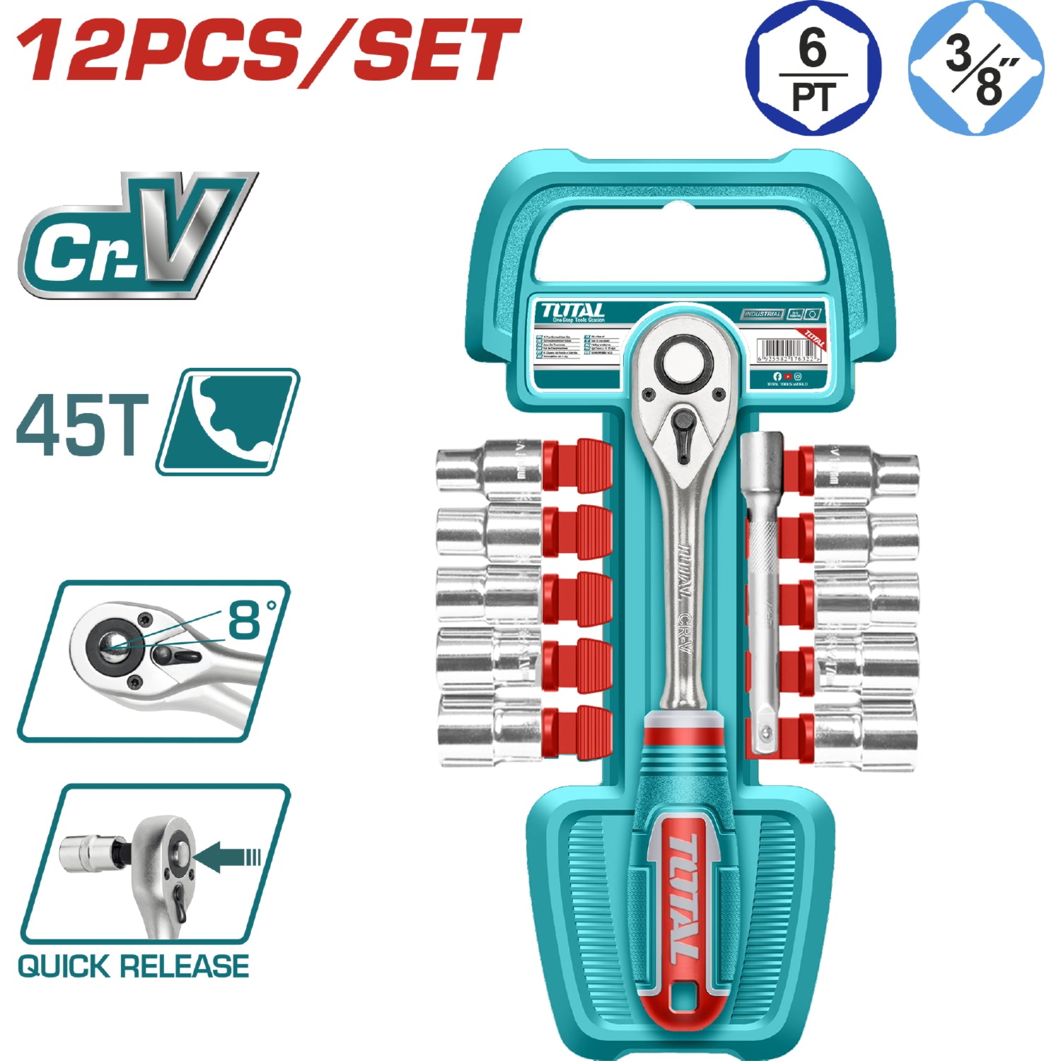 Dados Socket 3/8" Surtidos y mango socket de liberación rápida. Cr-V. 45T. Set de 12 piezas.