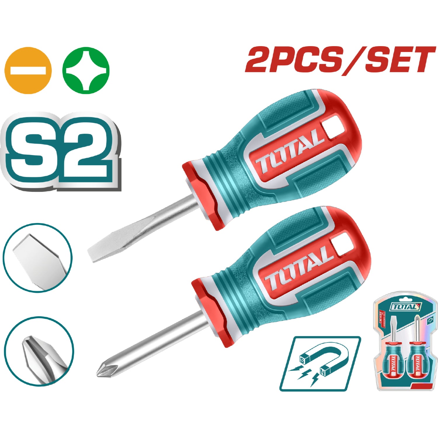 Destornilladores SL6.5x6x38mm y PH2x6x38mm Mango ergonómico. Punta Magnética. Set 2 piezas.