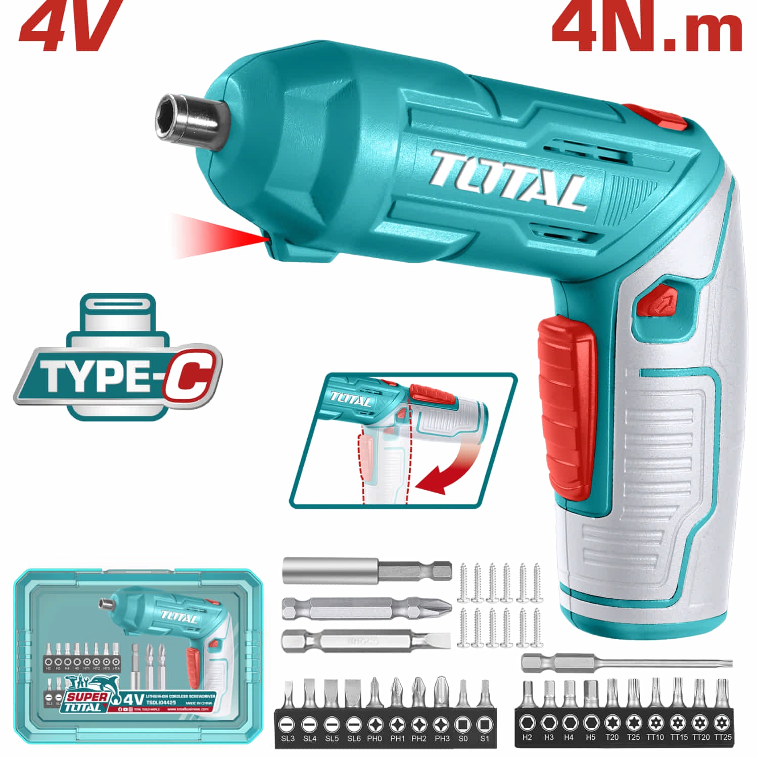 Destornillador inalámbrico 4V 5 N.m. 1/4" 240rpm Carga por USB tipo Celular Samsung se vende por separado. Incluye accesorios.