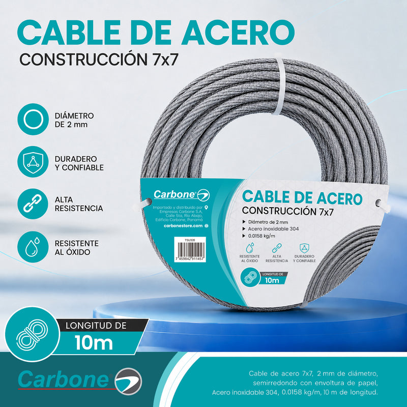 Guaya De Acero Inoxidable 304. Cable Metálico 7x7 de 0.0158 kg/m Para Tensar Y Sujetar (2mmx10m)