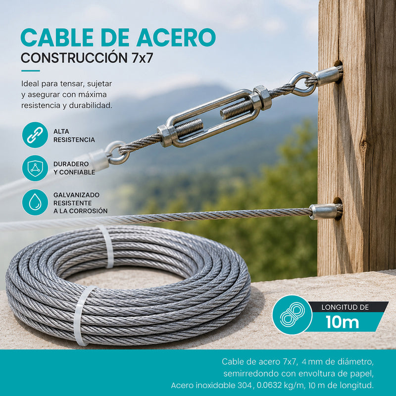 Guaya De Acero Inoxidable 304. Cable Metálico 7x7 de 0.0632 kg/m Para Tensar Y Sujetar (4mmx10m)