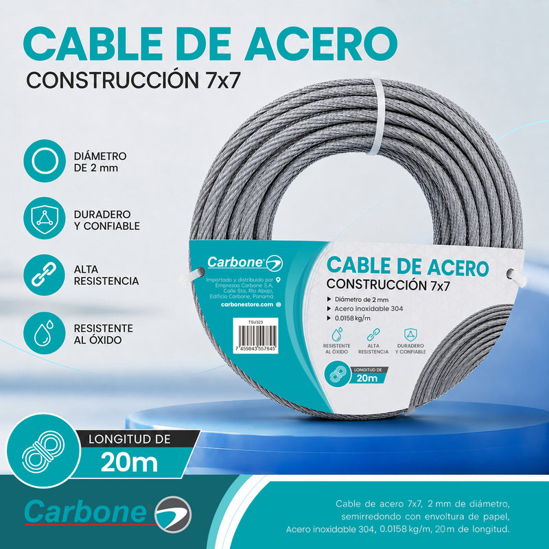 Guaya De Acero Inoxidable 304. Cable Metálico 7x7 de 0.0158 kg/m Para Tensar Y Sujetar (2mmx20m)