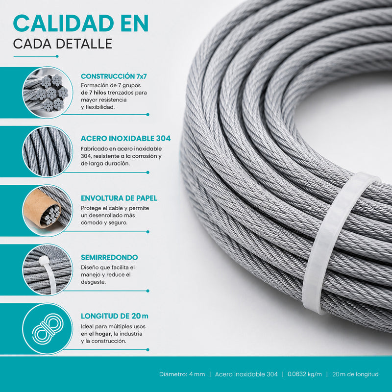 Guaya De Acero Inoxidable 304. Cable Metálico 7x7 de 0.0632 kg/m Para Tensar Y Sujetar (4mmx20m)