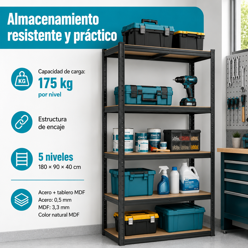 Estantería Metálica de 5 Repisas Ajustables (180x90x40cm). Estante Organizador de Acero con Capacidad de 175Kg por Nivel.