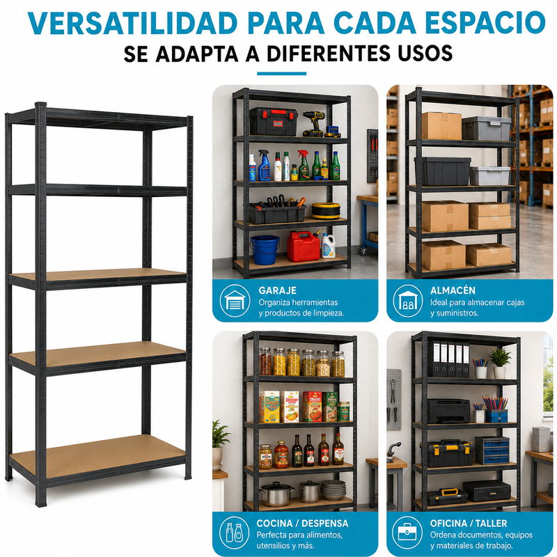 Estantería Metálica de 5 Repisas Ajustables (180x90x40cm). Estante Organizador de Acero con Capacidad de 175Kg por Nivel.