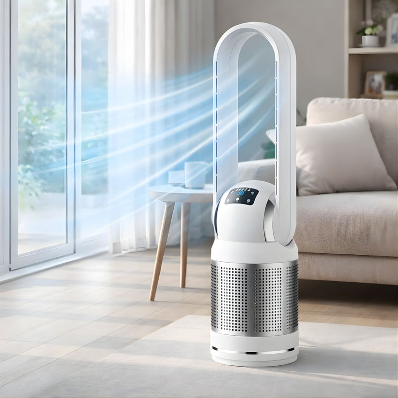 Abanico Y Purificador De Aire Sin Aspas 32” (80x22cm) 110V. Ventilador de 45W Y 50Hz. Color Blanco elimina el 99.95 % de partículas PM 2.5