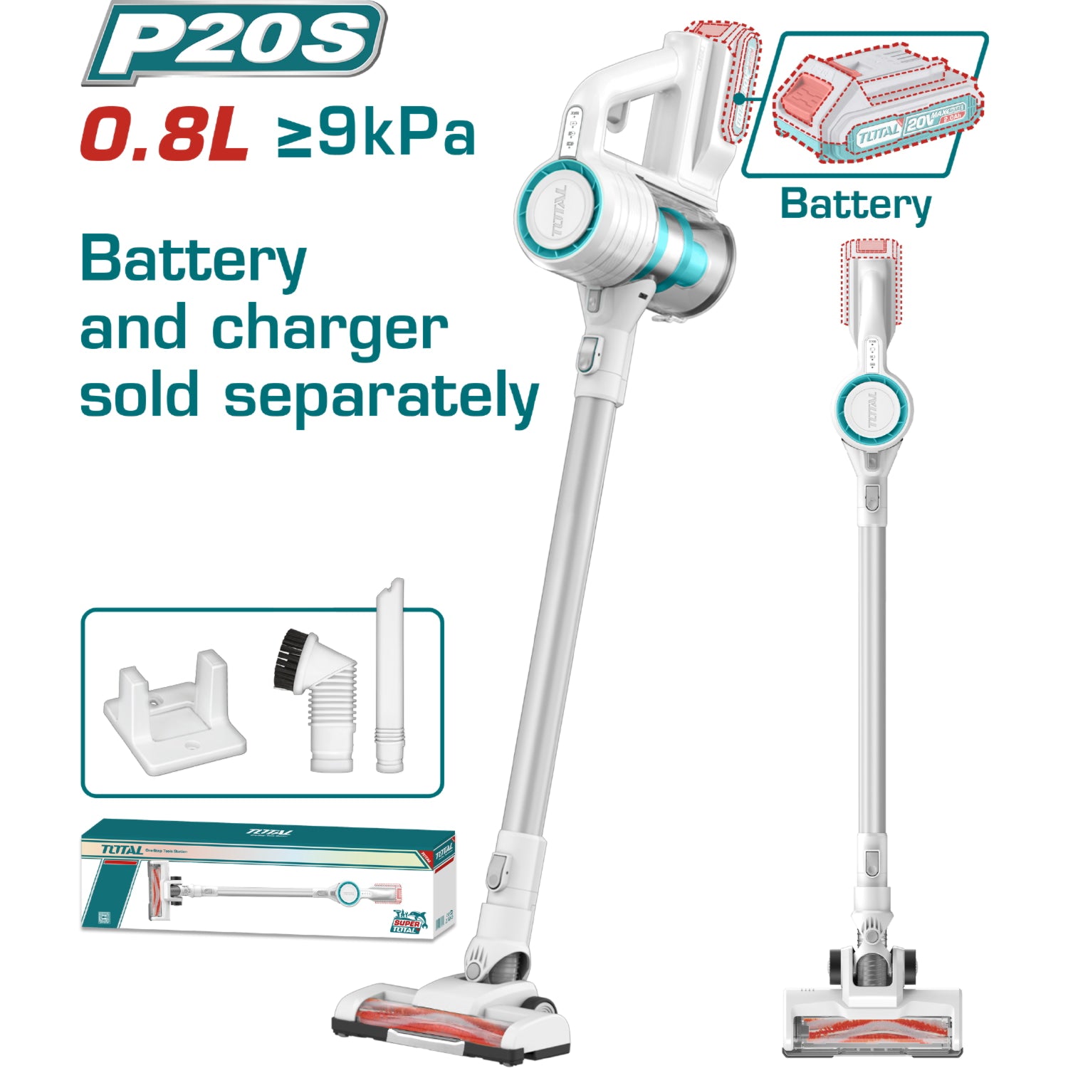 Aspiradora de Limpieza 0.8L 20V ≥9 Kpa Filtro HEPA. No incluye batería ni cargador.