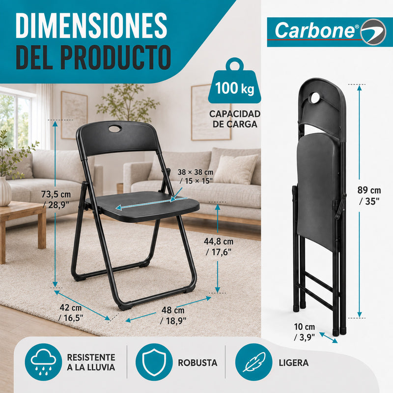 Silla Plegable  de Plástico y Hierro Portátil Impermeable. Ideal para Hogar, Negocios y Eventos. Capacidad 100 kg (48x42x73.5 cm) Color Negro