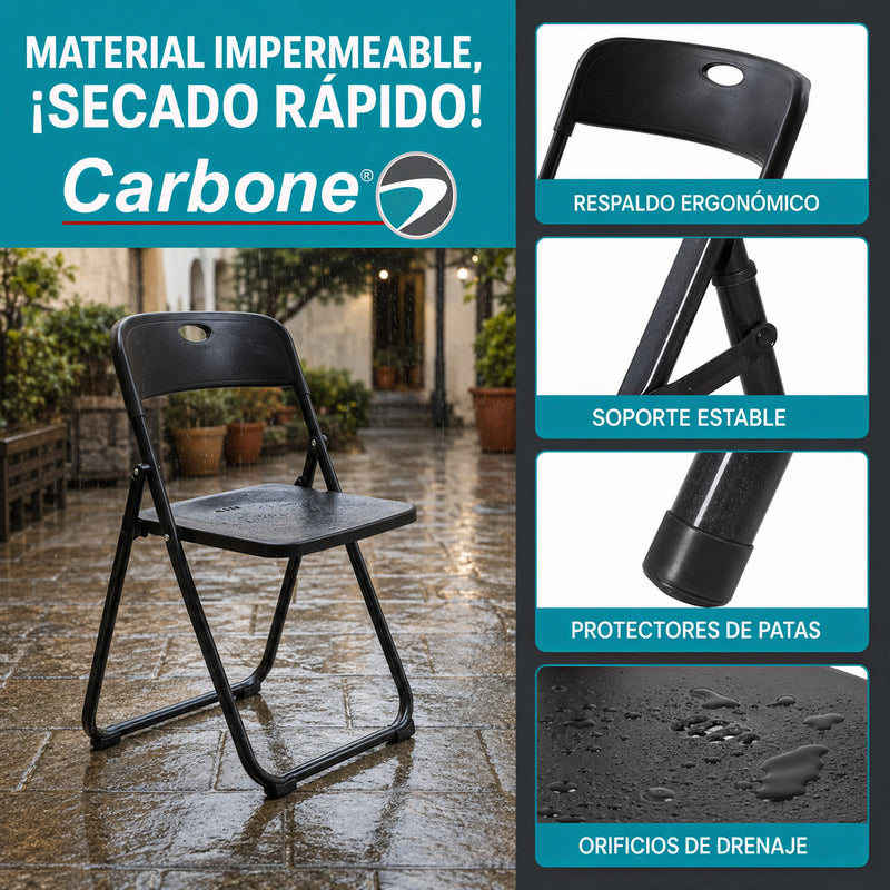 Silla Plegable  de Plástico y Hierro Portátil Impermeable. Ideal para Hogar, Negocios y Eventos. Capacidad 100 kg (48x42x73.5 cm) Color Negro