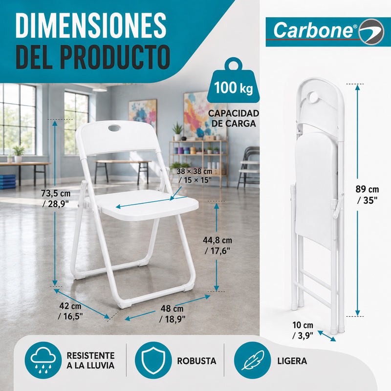 Silla Plegable  de Plástico y Hierro Portátil Impermeable. Ideal para Hogar, Negocios y Eventos. Capacidad 100 kg (48x42x73.5 cm) Color Blanco