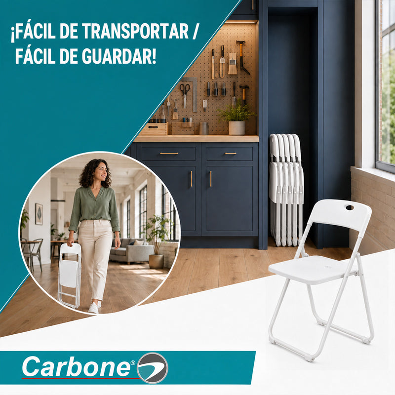 Silla Plegable  de Plástico y Hierro Portátil Impermeable. Ideal para Hogar, Negocios y Eventos. Capacidad 100 kg (48x42x73.5 cm) Color Blanco