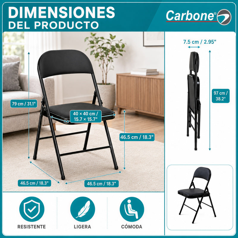 Silla Plegable Carbone Negra Acolchada de Acero con Cuero Sintético Portátil para Hogar, Oficina, Eventos y Negocios (46x 46x79 cm)