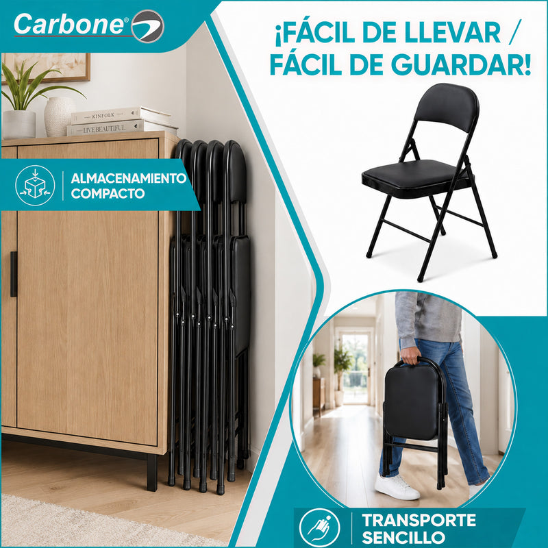 Silla Plegable Carbone Negra Acolchada de Acero con Cuero Sintético Portátil para Hogar, Oficina, Eventos y Negocios (46x 46x79 cm)