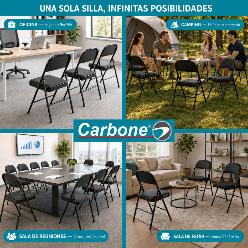 Silla Plegable Carbone Negra Acolchada de Acero con Cuero Sintético Portátil para Hogar, Oficina, Eventos y Negocios (46x 46x79 cm)