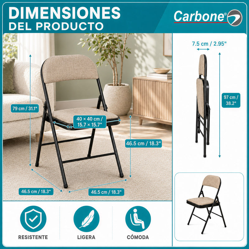 Silla Plegable Carbone Beige Acolchada de Acero con Tejido Tipo Lino Portátil para Hogar, Oficina, Eventos y Negocios (46x 46x79 cm)