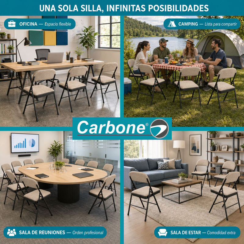 Silla Plegable Carbone Beige Acolchada de Acero con Tejido Tipo Lino Portátil para Hogar, Oficina, Eventos y Negocios (46x 46x79 cm)