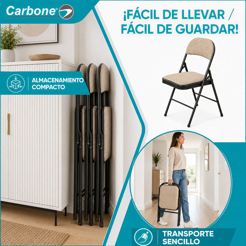 Silla Plegable Carbone Beige Acolchada de Acero con Tejido Tipo Lino Portátil para Hogar, Oficina, Eventos y Negocios (46x 46x79 cm)