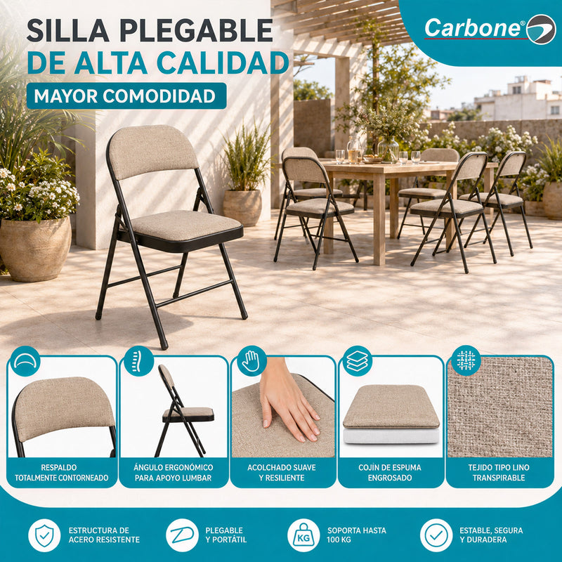 Silla Plegable Carbone Beige Acolchada de Acero con Tejido Tipo Lino Portátil para Hogar, Oficina, Eventos y Negocios (46x 46x79 cm)