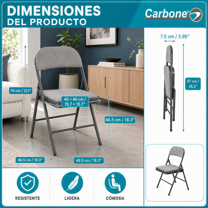 Silla Plegable Carbone Gris Acolchada de Acero con Tejido Tipo Lino Portátil para Hogar, Oficina, Eventos y Negocios (46x 46x79 cm)