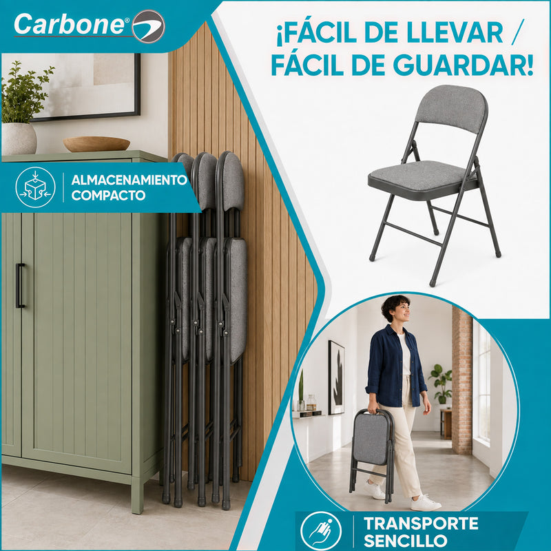 Silla Plegable Carbone Gris Acolchada de Acero con Tejido Tipo Lino Portátil para Hogar, Oficina, Eventos y Negocios (46x 46x79 cm)