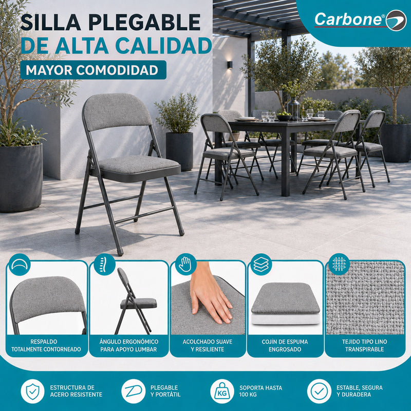 Silla Plegable Carbone Gris Acolchada de Acero con Tejido Tipo Lino Portátil para Hogar, Oficina, Eventos y Negocios (46x 46x79 cm)