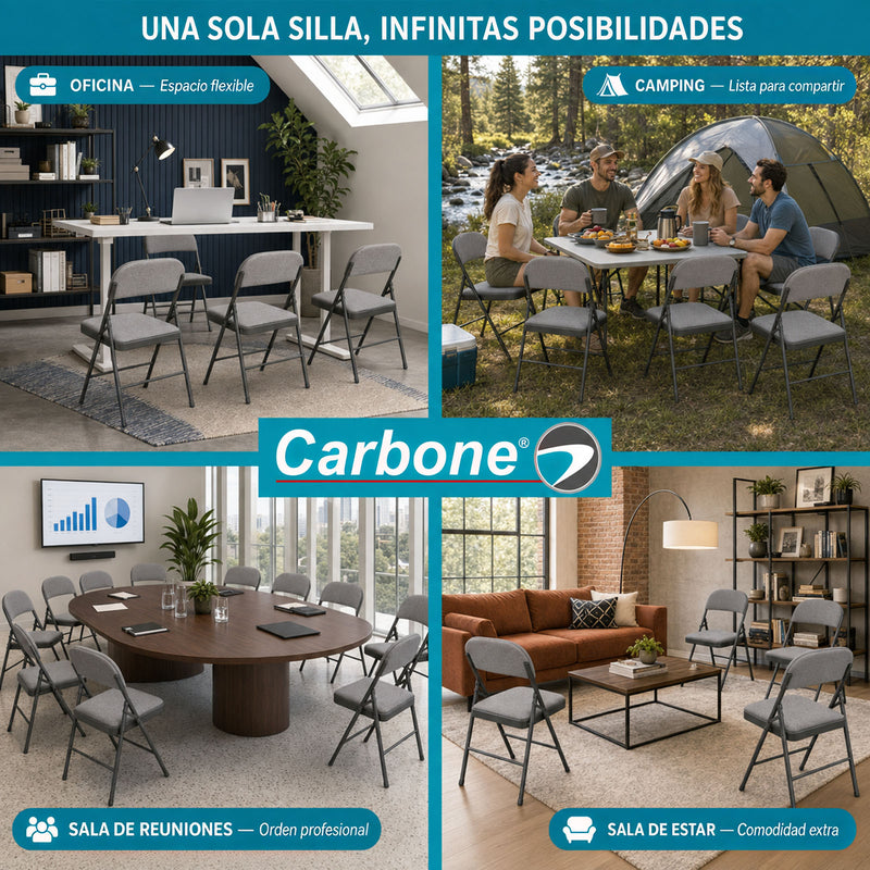 Silla Plegable Carbone Gris Acolchada de Acero con Tejido Tipo Lino Portátil para Hogar, Oficina, Eventos y Negocios (46x 46x79 cm)