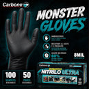 Guantes de Nitrilo Negros 8 Mil (0.20 mm) Monster Gloves Carbone. Ultra Resistentes y Difíciles de Romper.  Uso Industrial Mecánico y Automotriz. Caja 100 Unds