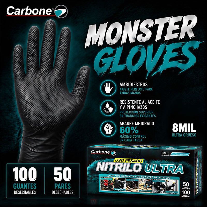 Guantes de Nitrilo Negros 8 Mil (0.20 mm) Monster Gloves Carbone. Ultra Resistentes y Difíciles de Romper.  Uso Industrial Mecánico y Automotriz. Caja 100 Unds