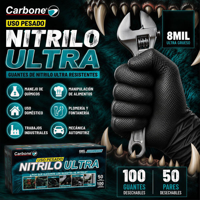 Guantes de Nitrilo Negros 8 Mil (0.20 mm) Monster Gloves Carbone. Ultra Resistentes y Difíciles de Romper.  Uso Industrial Mecánico y Automotriz. Caja 100 Unds