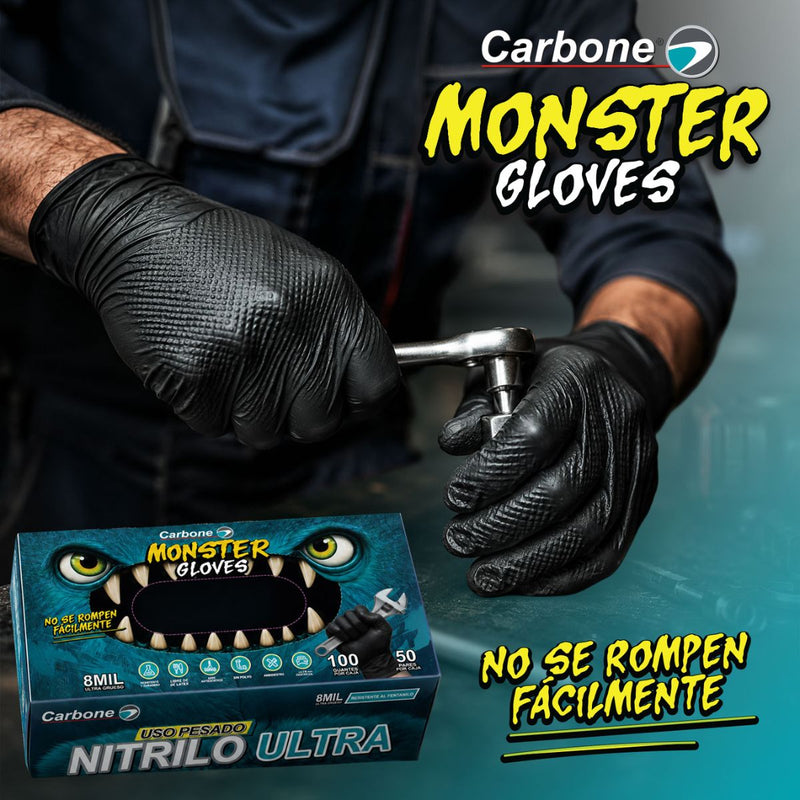 Guantes de Nitrilo Negros 8 Mil (0.20 mm) Monster Gloves Carbone. Ultra Resistentes y Difíciles de Romper.  Uso Industrial Mecánico y Automotriz. Caja 100 Unds