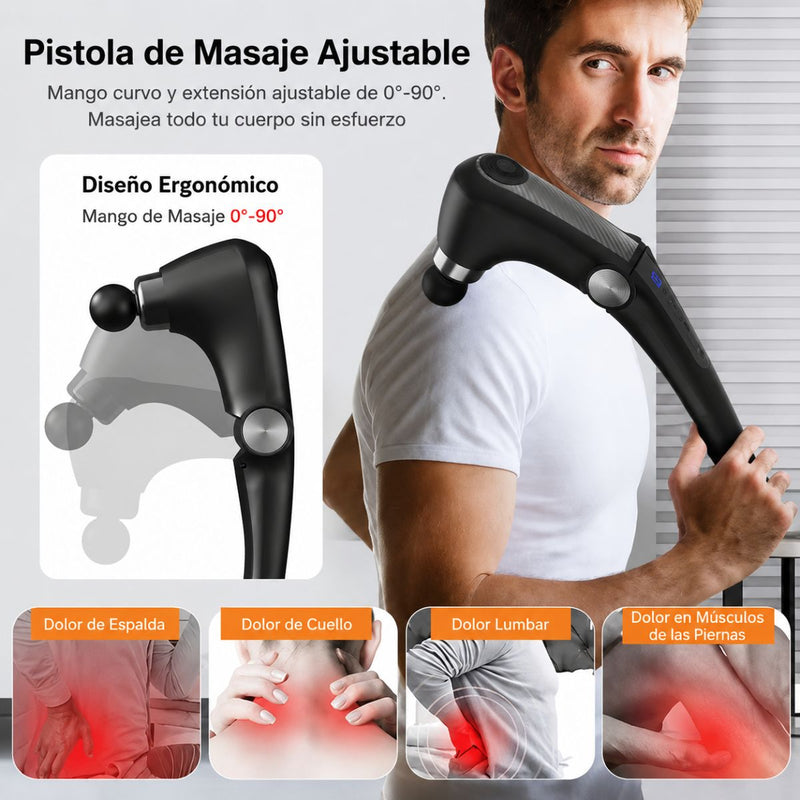 Pistola de Masaje Muscular Recargable USBC 1500 mAh y 7.4V con terapia Calor y Frío. Masajeador Eléctrico Corporal Ajustable de 9 Velocidades y 10 Cabezales (43x11cm)