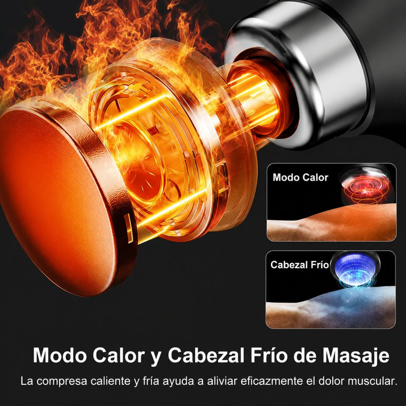 Pistola de Masaje Muscular Recargable USBC 1500 mAh y 7.4V con terapia Calor y Frío. Masajeador Eléctrico Corporal Ajustable de 9 Velocidades y 10 Cabezales (43x11cm)