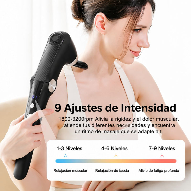Pistola de Masaje Muscular Recargable USBC 1500 mAh y 7.4V con terapia Calor y Frío. Masajeador Eléctrico Corporal Ajustable de 9 Velocidades y 10 Cabezales (43x11cm)