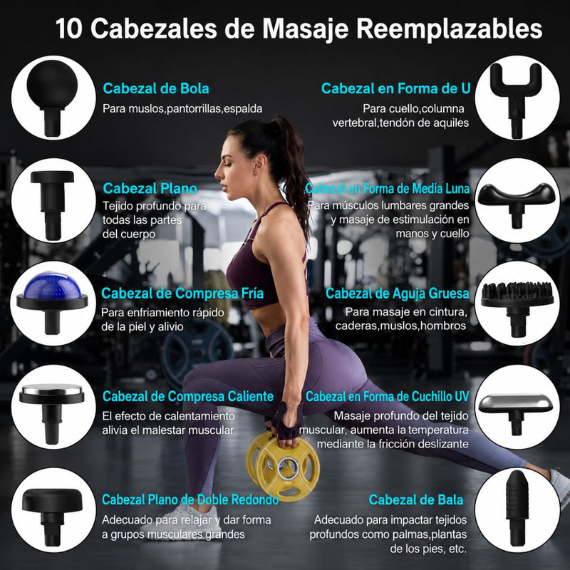 Pistola de Masaje Muscular Recargable USBC 1500 mAh y 7.4V con terapia Calor y Frío. Masajeador Eléctrico Corporal Ajustable de 9 Velocidades y 10 Cabezales (43x11cm)