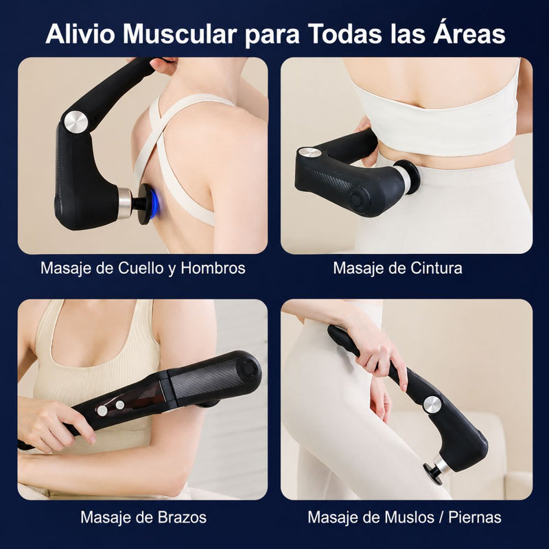 Pistola de Masaje Muscular Recargable USBC 1500 mAh y 7.4V con terapia Calor y Frío. Masajeador Eléctrico Corporal Ajustable de 9 Velocidades y 10 Cabezales (43x11cm)