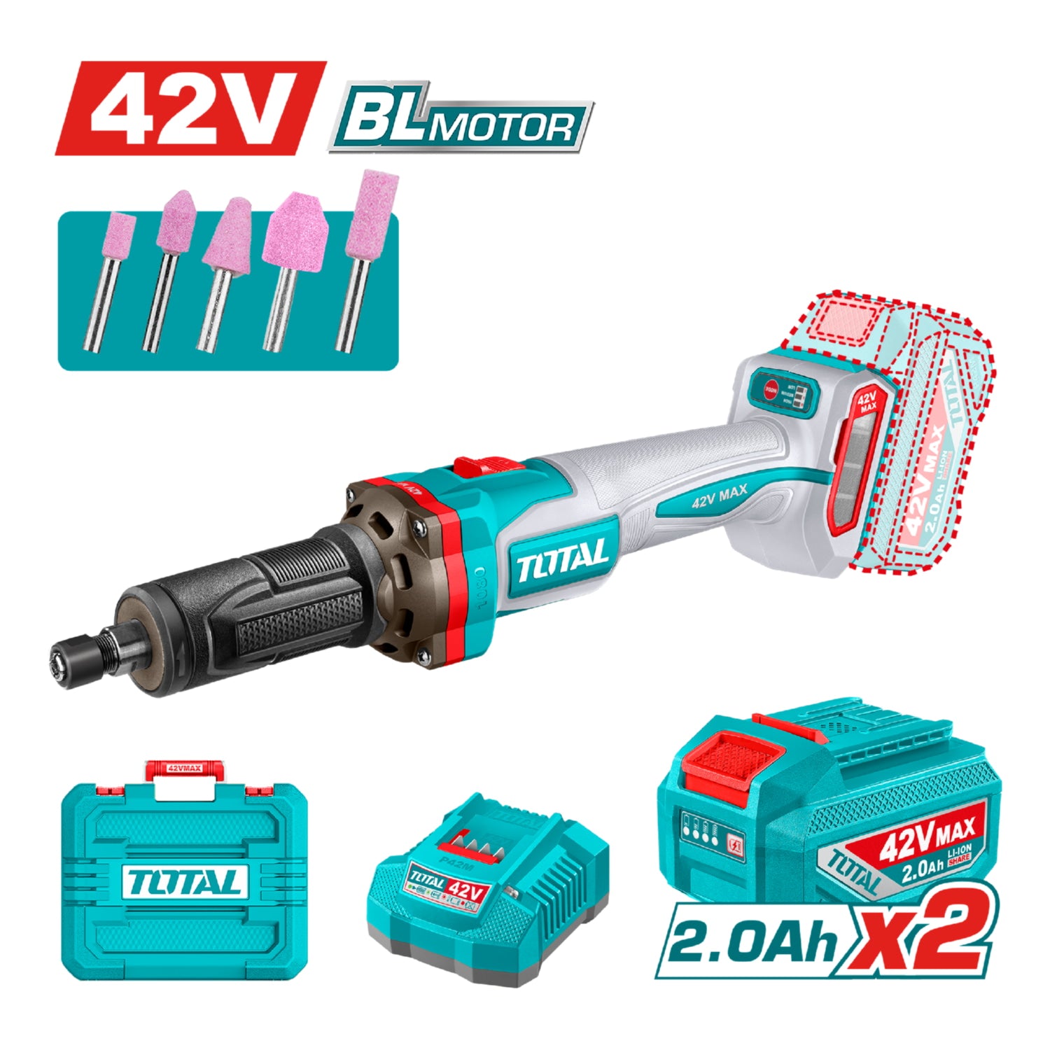 Mototool Esmeril Recto 42V Motor sin escobillas.  Punta 6mm (1/4”) Incluye Batería, Cargador y Accesorios.