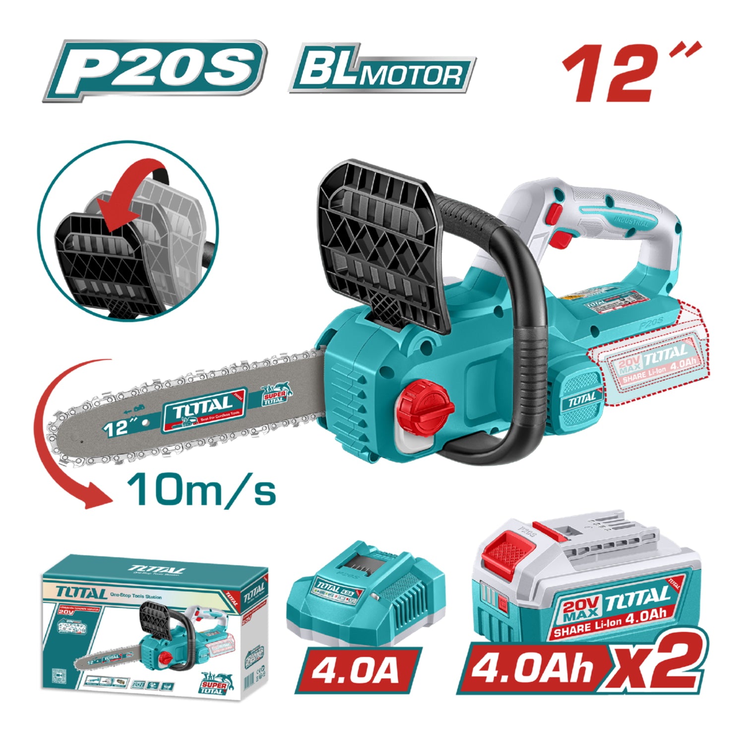 Motosierra 12" 20V Motor sin escobillas Veloc cadena 10/ms Auto-Lubricación. Incluye Batería y cargador.