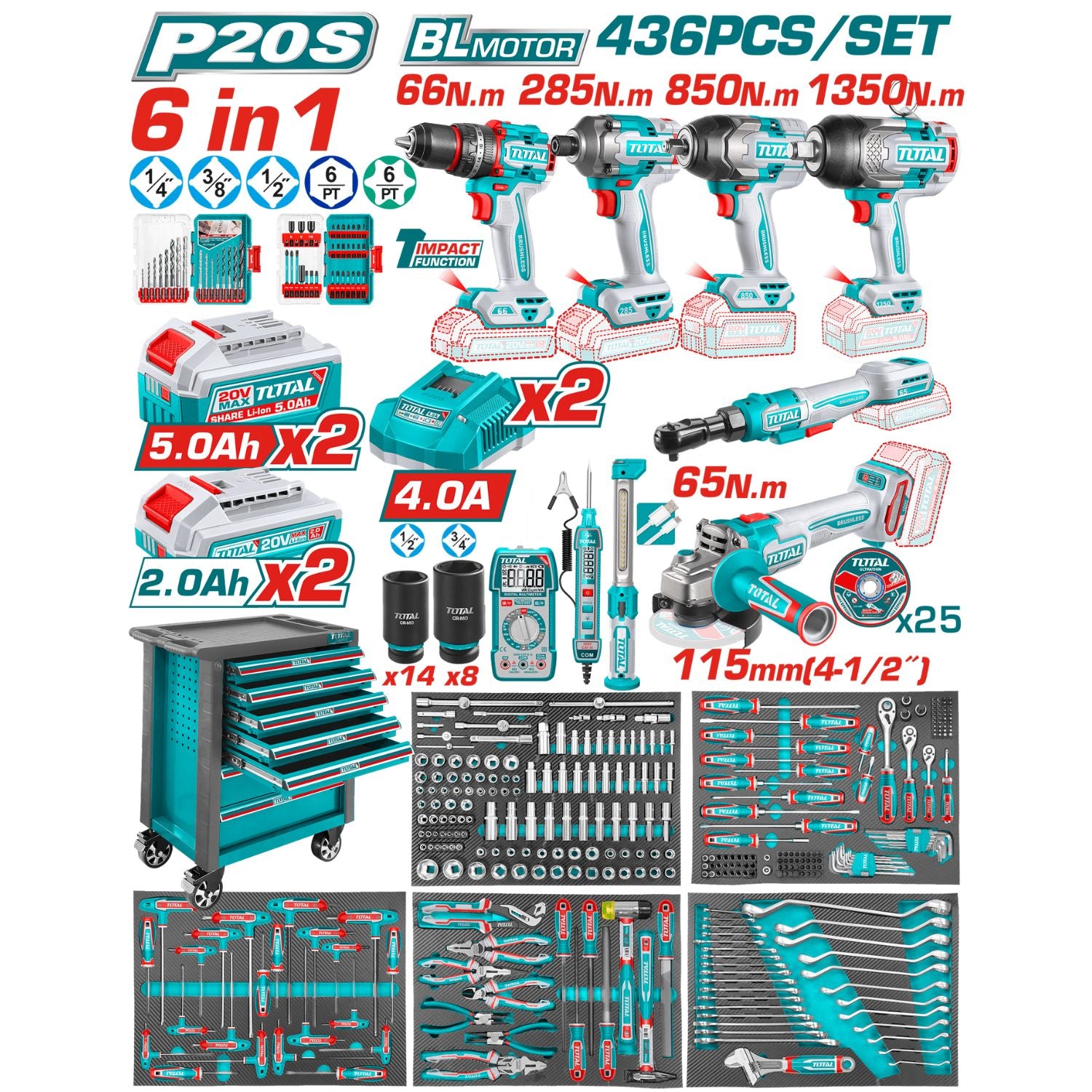 Combo Total De Herramientas Manuales e Inalámbricas Con 1 Gaveta Metálica. Incluye Batería y Cargador Set 436  pzas