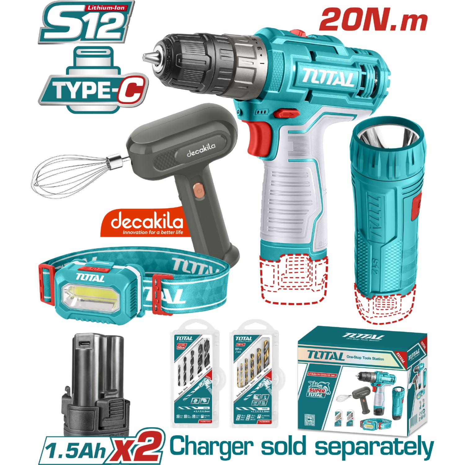 Combo del Mes Total y Decakila Taladro inalámbrico de iones de litio 20Nm Batidora de mano inalámbrica 25W Linterna 1W Lámpara frontal 100 Lúmenes. (Pocas Unidades.)