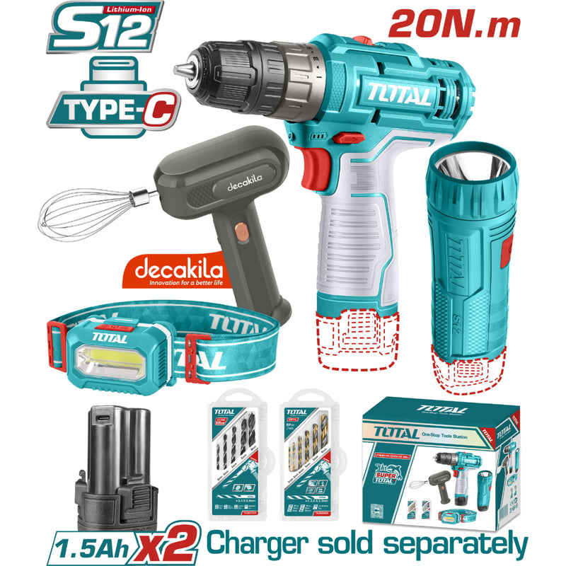 Combo del Mes Total y Decakila Taladro inalámbrico de iones de litio 20Nm Batidora de mano inalámbrica 25W Linterna 1W Lámpara frontal 100 Lúmenes. (Pocas Unidades.)