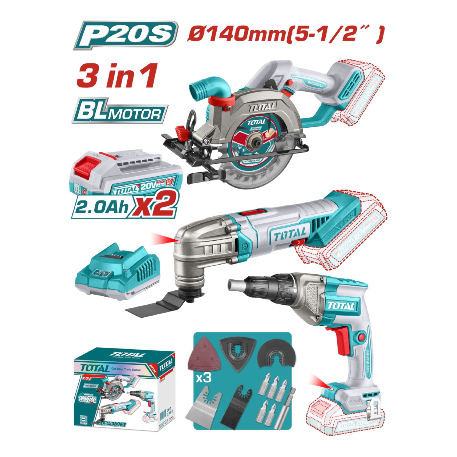 Combo del Mes Total Sierra Circular 20V 6300rpm 5-1/2", Destornillador Paneles Yeso 4200rpm Punta 1/4", Mototool 5000–20000rpm 3.2° 3en1