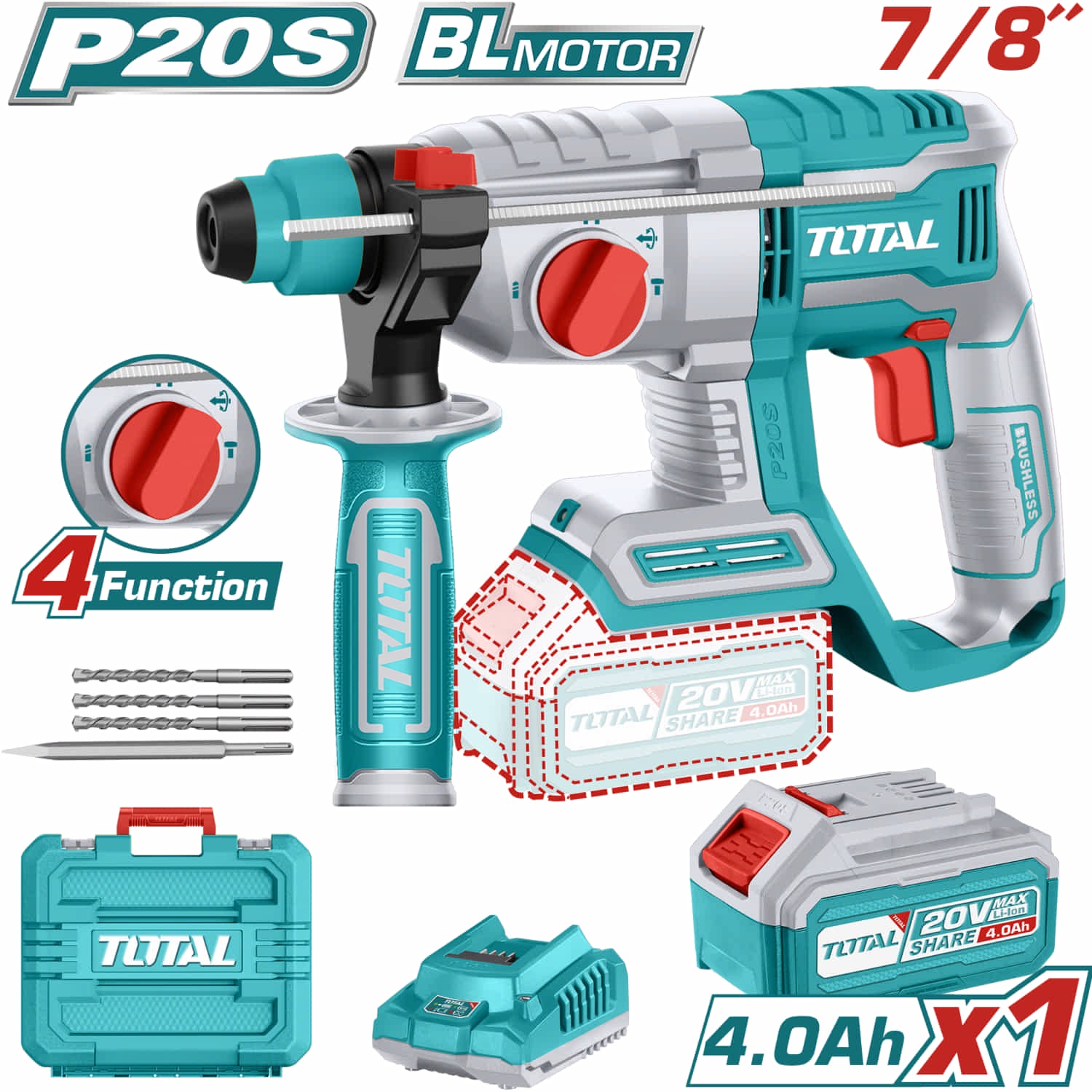 Taladro Rotomartillo 20V con Motor sin Escobillas 5400bpm Perfora 22mm en Concreto. Incluye Brocas, batería y cargador. Martillo Rotativo Demoledor.