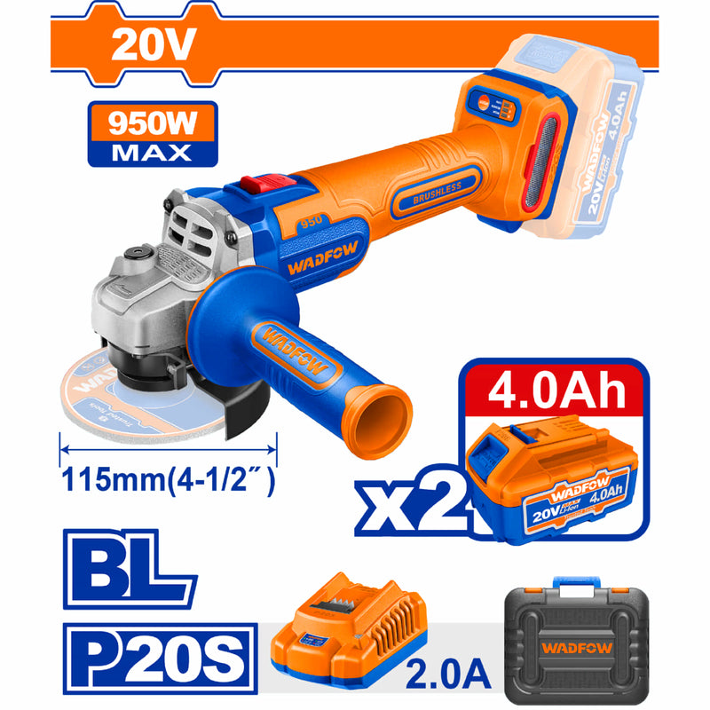 Amoladora Angular Inalámbrica 20V 950W Diámetro 4-1/2" Incluye 2 Baterías y Cargador. Esmeril Flexible.