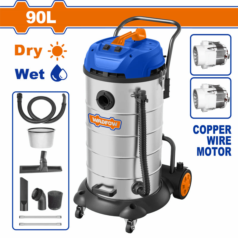 Aspiradora de Limpieza 2 en 1 90L 2x1200W Limpieza húmeda y seca 110V-120V~60Hz. Función de manguera de desagüe. Incluye accesorios. Aspirador